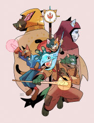 Rule 34 | 5boys, animal ears, animal nose, artist name, blue eyes, body fur, cat boy, cat ears, cat tail, closed mouth, commentary, earrings, english commentary, furry, furry male, gatoiberico, glowing, glowing staff, green eyes, highres, holding, holding staff, hood, hood up, jewelry, long sleeves, looking at viewer, male focus, multiple boys, open mouth, original, overalls, pants, shirt, simple background, smile, staff, tail, whiskers