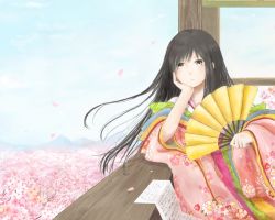 Rule 34 | 1girl, black hair, blush, cherry blossoms, day, hand fan, head rest, highres, japanese clothes, kimono, layered clothes, layered kimono, leaning to the side, long hair, original, solo, swept bangs, usamo (xxxmo)