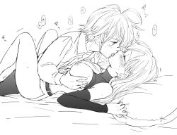 Rule 34 | 1boy, 1girl, bed, blush, grabbing another&#039;s breast, breasts, elizabeth liones, closed eyes, french kiss, grabbing, japanese text, kiss, meliodas, monochrome, nanatsu no taizai, nipples, on bed, pillow, sex, sweat, sweatdrop, french kiss
