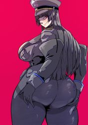 Rule 34 | 1girl, ass, breasts, huge ass, kandata nijou, large breasts, looking back, military, military uniform, red eyes, smile, solo, uniform