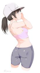 Rule 34 | 1girl, ass, back, bare shoulders, bike shorts, blush, breasts, brown eyes, brown hair, cropped legs, flat cap, from side, hat, highres, inu (aerodog), midriff, ponytail, sideboob, simple background, solo, stretching, white background