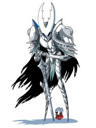 Rule 34 | 1girl, 1other, aged down, armor, armored boots, arthropod girl, black cape, black eyes, blank eyes, blue eyes, blush, blush stickers, boots, breastplate, cape, child, cloak, full body, gauntlets, gloves, grey footwear, grey gloves, hands on hilt, hollow knight, hollow knight (character), hornet (hollow knight), nail (hollow knight), own hands together, pauldrons, red cloak, sakana 2-gou, shoulder armor, simple background, standing, white background