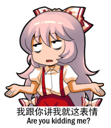 Rule 34 | 1girl, bags under eyes, bilingual, bow, chinese text, english text, fujiwara no mokou, hair bow, hair ribbon, jokanhiyou, long hair, lowres, mixed-language text, multi-tied hair, pants, pink hair, puffy short sleeves, puffy sleeves, red pants, ribbon, shirt, short sleeves, simple background, solo, suspenders, touhou, white background, white shirt
