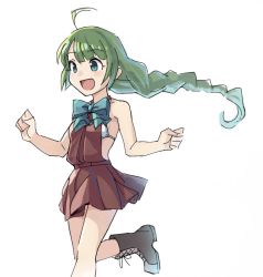 Rule 34 | 1girl, ahoge, bikini, bikini top only, bikini under clothes, blue eyes, boots, braid, commentary request, cross-laced footwear, dress, green hair, halterneck, highres, kantai collection, lace-up boots, long hair, mizoki kei, pleated dress, purple dress, simple background, single braid, smile, solo, swimsuit, swimsuit under clothes, white background, white bikini, yuugumo (kancolle)