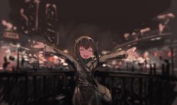 Rule 34 | 1girl, alternate costume, bag, brown coat, brown hair, coat, closed eyes, headgear, kantai collection, looking at viewer, night, open mouth, outstretched arms, smile, solo, spread arms, taihou (kancolle), tsukira (amayadori), upper body