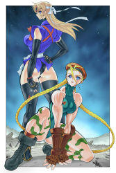 Rule 34 | 2girls, absurdres, ahoge, ass, back-to-back, bare shoulders, belt, beret, between fingers, black footwear, black gloves, black legwear, blonde hair, blue eyes, boots, braid, brown footwear, brown gloves, cammy white, camouflage, collarbone, combat boots, commentary request, crossover, elbow gloves, fingerless gloves, full body, gloves, hair between eyes, hand on own hip, hat, headband, highres, holding, huge ahoge, impossible clothes, impossible leotard, japanese clothes, kunai, leotard, logan0241, long hair, martial champion, multiple girls, muscular, muscular female, narrow waist, night, ninja, on one knee, racheal, retro artstyle, scar, sky, sleeveless, socks, standing, star (sky), starry sky, street fighter, thick thighs, thighhighs, thighs, turtleneck, twin braids, very long hair, weapon