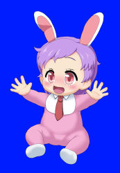 Rule 34 | 1girl, animal ears, baby, blue background, blush, cookie (touhou), copyright request, flat chest, full body, highres, hisui (cookie), mion orz, necktie, open mouth, pink eyes, pink hair, rabbit ears, reisen udongein inaba, simple background, sitting, solo, toddler, touhou