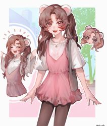 Rule 34 | 1girl, ^ ^, animal ears, arms at sides, arms up, artist name, bag, bear ears, black pantyhose, brown eyes, brown hair, chibi, chibi inset, closed eyes, commentary, commission, dress, fake animal ears, feet out of frame, female focus, frilled dress, frills, hairband, handbag, highres, jewelry, long hair, looking at viewer, maido mido, multiple views, necklace, open mouth, original, outdoors, pantyhose, parted bangs, pinafore dress, pink dress, plant, sharp teeth, shirt, signature, skeb commission, sleeveless dress, smile, standing, teeth, twintails, white shirt