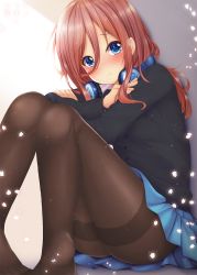 Rule 34 | 1girl, :t, black cardigan, blue cardigan, blue eyes, blue skirt, blush, breasts, brown hair, brown pantyhose, cardigan, closed mouth, commentary request, go-toubun no hanayome, hair between eyes, head tilt, headphones, headphones around neck, highres, hugging own legs, large breasts, long hair, long sleeves, looking at viewer, minato ojitan, nakano miku, nose blush, pantyhose, petals, pigeon-toed, pout, shirt, sitting, skirt, solo, thighband pantyhose, thighs, white shirt