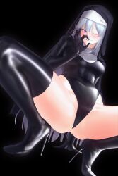 Rule 34 | 1girl, absurdres, ak-12 (girls&#039; frontline), arm support, black background, black leotard, black thighhighs, covered navel, dutch angle, emile aoi, fellatio gesture, girls&#039; frontline, high heels, highres, leaning back, leotard, nun, one eye closed, purple eyes, smile, solo, spread legs, squatting, thighhighs, wide spread legs