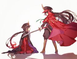 Rule 34 | 1boy, 1girl, brother and sister, cape, crest, family crest, fate/grand order, fate (series), fiery hair, full body, hat, holding, holding sword, holding weapon, katana, kneeling, long hair, looking at another, military hat, oda nobukatsu (fate), oda nobunaga (fate), oda uri, ohayo san, parted lips, peaked cap, red cape, red eyes, shadow, siblings, standing, sword, trap, very long hair, weapon, white background