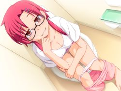 Rule 34 | 1girl, barefoot, bathroom, blush, breasts, censored, cleavage, clenched teeth, clothes pull, custard cream taiyaki, dutch angle, feet, game cg, glasses, grin, hair ornament, hairclip, hijiri tsukasa, large breasts, legs, long hair, looking at viewer, mosaic censoring, panties, panty pull, pink shorts, pussy, red eyes, red hair, shirt, shorts, shorts pull, sitting, smile, solo, takarabe ayaka, teeth, thighs, toilet, toilet paper, toilet use, twintails, underwear