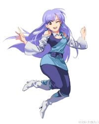 Rule 34 | 1girl, :d, belt, blue dress, boots, bright pupils, clothing cutout, dress, earrings, full body, gundam, gundam zz, high heel boots, high heels, highres, jewelry, jumping, knee boots, long hair, long sleeves, looking at viewer, no nose, one eye closed, open mouth, outstretched arms, pants, purple hair, purple pants, red eyes, round teeth, roux louka, ruukii drift, short dress, shoulder cutout, smile, solo, spread arms, teeth, upper teeth only, white footwear