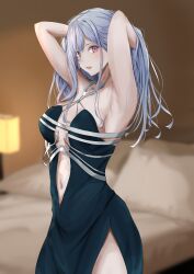 Rule 34 | 1girl, absurdres, ak-12 (girls&#039; frontline), ak-12 (quiet azure) (girls&#039; frontline), armpits, arms behind head, arms up, artificial eye, backless dress, backless outfit, bed, blue dress, center opening, clothing cutout, dress, evening gown, girls&#039; frontline, grey hair, halter dress, halterneck, hands in hair, highres, long hair, looking at viewer, mechanical eye, navel, navel cutout, official alternate costume, satsumaagee, side slit, unusually open eyes