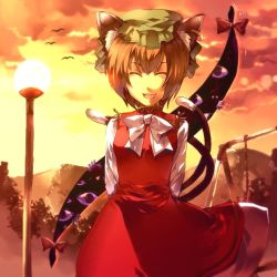 Rule 34 | 1girl, animal ears, arms behind back, bow, cat ears, cat girl, cat tail, chen, china dress, chinese clothes, dress, earrings, female focus, gap (touhou), hat, jewelry, multiple tails, nature, outdoors, plant, ribbon, short hair, sky, solo, sunakumo, sunset, tail, touhou