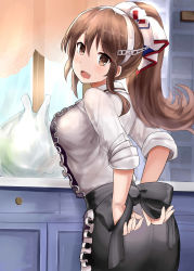 Rule 34 | 10s, 1girl, :d, absurdres, alternate hairstyle, apron, ashigara (kancolle), black apron, black skirt, brown eyes, brown hair, drawer, fang, frilled apron, frills, from behind, hairband, highres, indoors, kantai collection, long hair, long sleeves, okitsugu, open mouth, ponytail, shirt, skirt, smile, solo, white hairband, white shirt