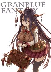 Rule 34 | 10s, 1girl, absurdres, alternate costume, antenna hair, artist name, bad id, bad twitter id, bag, bow, breasts, commentary, copyright name, cowboy shot, danua, draph, english text, granblue fantasy, gretel (granblue fantasy), hair between eyes, hair ornament, hairclip, hansel (granblue fantasy), highres, holding, holding bag, horns, large breasts, long hair, long sleeves, looking at viewer, looking up, miniskirt, pleated skirt, pointy ears, puppet, purple hair, red eyes, school uniform, sidelocks, skirt, sleeve cuffs, solo, sweater vest, thighhighs, very long hair, white background, wing collar, yatsuka (846)
