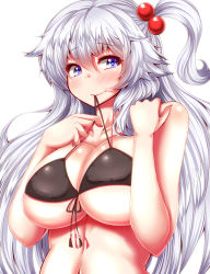 Rule 34 | 1girl, bikini, bikini in mouth, black bikini, blush, breasts, cleavage, clothes in mouth, commentary request, female focus, hair bobbles, hair ornament, highres, large breasts, long hair, looking at viewer, micro bikini, one side up, purple eyes, shinki (touhou), silver hair, simple background, solo, swimsuit, touhou, touhou (pc-98), underboob, upper body, very long hair, zan (harukahime)
