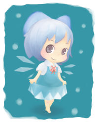 Rule 34 | 1girl, barefoot, blue hair, bow, chibi, chikuwabu, cirno, curtsey, full body, hair bow, perfect cherry blossom, simple background, smile, smirk, snow, solo, touhou, wings