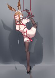 Rule 34 | 1girl, absurdres, amiya (arknights), animal ears, arknights, bdsm, black thighhighs, blue eyes, bondage, bound, bound arms, bound wrists, brown hair, dildo, feet, high heels, highres, maid headdress, nipple piercing, nipple pull, nipple stimulation, nipples, object insertion, open mouth, piercing, pussy juice, qaq baiguang, rabbit ears, rabbit girl, red rope, restrained, rope, sex toy, shibari, soles, thighhighs, vaginal, vaginal object insertion, vibrator