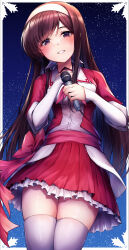 Rule 34 | 1girl, absurdres, blush, border, bow, brown hair, commentary request, cowboy shot, eyelashes, eyes visible through hair, frilled skirt, frills, hairband, hands up, highres, holding, holding microphone, long hair, looking at viewer, marutenmaruten, microphone, morikawa yuki, parted bangs, parted lips, pleated skirt, purple eyes, red bow, red shirt, red skirt, shirt, sidelocks, simple background, skindentation, skirt, sky, sleeves past wrists, smile, solo, standing, star (sky), starry sky, straight hair, thighhighs, two-tone shirt, very long hair, white album, white album (series), white border, white hairband, white shirt, white thighhighs, zettai ryouiki