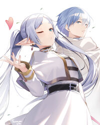 Rule 34 | 1boy, 1girl, absurdres, blowing kiss, blue hair, closed mouth, forehead, frieren, heart, highres, himmel (sousou no frieren), kiss, long hair, long sleeves, looking at another, looking at viewer, nekomu, one eye closed, pointy ears, robe, short hair, sidelocks, smile, sousou no frieren, thick eyebrows, twintails, white hair, white robe