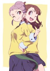 Rule 34 | 2girls, :d, back-to-back, brown eyes, brown hair, character request, collared shirt, commentary request, earrings, highres, jewelry, kagari atsuko, little witch academia, locked arms, long sleeves, multiple girls, necktie, one eye closed, open mouth, pleated skirt, purple hair, purple skirt, shirt, simple background, skirt, smile, standing, tama (tama-s), wing collar, yellow background