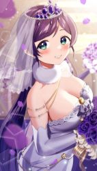 Rule 34 | 1girl, absurdres, backlighting, bare shoulders, blush, bouquet, breasts, bridal veil, cleavage, commentary request, dress, earrings, elbow gloves, flower, from side, fur collar, gem, gloves, green eyes, grey dress, grey gloves, grin, highres, holding, holding bouquet, jewelry, kazepana, large breasts, lens flare, long hair, looking at viewer, looking to the side, love live!, love live! school idol project, low twintails, petals, purple flower, purple gemstone, purple rose, rose, see-through, smile, solo, strapless, strapless dress, swept bangs, tiara, tojo nozomi, twintails, upper body, veil, very long hair, wedding dress