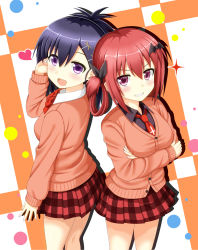 Rule 34 | 10s, 2girls, back-to-back, bad perspective, bat hair ornament, black hair, blue eyes, bow, bowtie, breasts, inverted cross, crossed arms, gabriel dropout, hair ornament, hair ribbon, hair rings, hairclip, haruchari, heart, highres, satanichia kurumizawa mcdowell, looking back, multiple girls, necktie, open mouth, red eyes, red hair, ribbon, school uniform, smile, sparkle, vignette tsukinose april