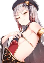 Rule 34 | 1girl, animal ears, backless outfit, bareback, beret, blunt bangs, braid, breasts, brown eyes, detached sleeves, erune, eyebrows, fox ears, fox tail, from side, granblue fantasy, hair ornament, hat, highres, hikimayu, long hair, looking at viewer, medium breasts, nosuku, pholia, side braids, sideboob, silver hair, simple background, small breasts, smile, smug, solo, tail, thick eyebrows
