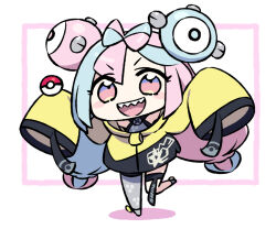 Rule 34 | 1girl, aqua hair, arms up, asymmetrical legwear, black jacket, blush stickers, bow-shaped hair, chan co, character hair ornament, chibi, creatures (company), game freak, gen 1 pokemon, grey footwear, grey pantyhose, grey shirt, hair ornament, hexagon print, iono (pokemon), jacket, leg up, long hair, long sleeves, looking at viewer, low-tied long hair, magnemite, mismatched legwear, multicolored clothes, multicolored eyes, multicolored hair, multicolored jacket, nintendo, open mouth, oversized clothes, pantyhose, pink eyes, pink hair, poke ball, poke ball (basic), pokemon, pokemon sv, sharp teeth, shirt, single leg pantyhose, sleeveless, sleeveless shirt, sleeves past fingers, sleeves past wrists, smile, solo, split-color hair, standing, standing on one leg, teeth, thigh strap, two-tone hair, two-tone jacket, v-shaped eyebrows, very long sleeves, white background, wide sleeves, x, yellow jacket