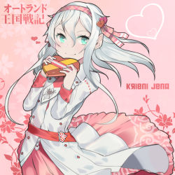 Rule 34 | 1girl, aosora kamiya, aqua eyes, box, character name, cherry blossoms, closed mouth, collared dress, commentary request, copyright name, cyrillic, dress, gift, grey dress, hair ornament, hairband, heart, heart-shaped box, heart hair ornament, highres, holding, holding gift, krieni jena, long hair, long skirt, long sleeves, looking at viewer, outland oukoku senki, pink background, pink hairband, pink skirt, russian text, silver hair, skirt, smile, solo, standing, translated, valentine, wind