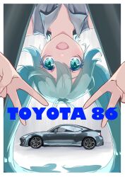 Rule 34 | 1girl, :d, blue eyes, blue hair, car, collared shirt, double v, grey pantyhose, grey shirt, hatsune miku, highres, long hair, looking at viewer, looking through own legs, motor vehicle, mugi (marineblue134), open mouth, pantyhose, shadow, shirt, sleeveless, sleeveless shirt, smile, solo, sports car, toyota, toyota 86, twintails, upside-down, v, vehicle name, vocaloid