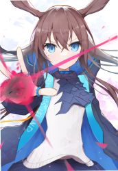 Rule 34 | 1girl, amiya (arknights), arknights, arm up, ascot, black jacket, blue ascot, blue eyes, blue skirt, brown hair, casting, clothes writing, crossed bangs, floating hair, hair between eyes, highres, hood, hood down, hooded jacket, jacket, jewelry, looking at viewer, matchadzuke, multiple rings, open clothes, open jacket, originium arts (arknights), plaid, plaid skirt, pleated skirt, red pupils, ring, shirt, simple background, skirt, solo, upper body, v-shaped eyebrows, white background, white shirt