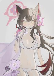 Rule 34 | 1girl, alternate breast size, animal ear fluff, animal ears, arm at side, bad id, bad twitter id, bare shoulders, bead bracelet, beads, bikini, black hair, blue archive, bracelet, breasts, cleavage, cowboy shot, flower, fox ears, grey background, hair flower, hair ornament, hand up, heart, highres, jewelry, light blush, long hair, looking at viewer, low ponytail, multicolored hair, navel, ponytail, simple background, small breasts, smile, solo, streaked hair, swimsuit, tenkyu (0220m), tongue, tongue out, wakamo (blue archive), wakamo (swimsuit) (blue archive), white bikini, wristband, yellow eyes