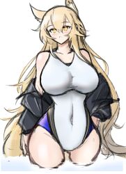 Rule 34 | 1girl, animal ear fluff, animal ears, arknights, blonde hair, blush, breasts, covered navel, highres, horse ears, horse girl, large breasts, long hair, looking at viewer, nearl (arknights), nearl (shimmering dew) (arknights), one-piece swimsuit, swimsuit, white background, yellow eyes, yosua 0669