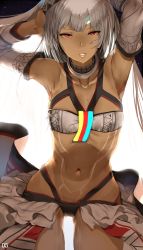 Rule 34 | 10s, 1girl, altera (fate), armpits, arms behind head, arms up, bare shoulders, blunt bangs, breasts, collar, collarbone, cowboy shot, dark-skinned female, dark skin, detached sleeves, eadpiece, fate/extella, fate/extra, fate/grand order, fate (series), full-body tattoo, grin, headpiece, hews, highres, legs apart, long hair, long sleeves, looking at viewer, navel, page number, paid reward available, parted lips, red eyes, revealing clothes, short hair, small breasts, smile, solo, standing, stomach, sweat, tattoo, teeth, tsurime, veil