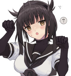 Rule 34 | 1girl, :o, ?, black bodysuit, black hair, black headband, black neckerchief, black sailor collar, blush, bodysuit, breasts, brown eyes, commentary request, hachimaki, hair between eyes, hair flaps, hatsuzuki (kancolle), headband, kantai collection, looking at viewer, medium breasts, neckerchief, parted lips, paw pose, sailor collar, simple background, solo, spoken question mark, upper body, waco, white background