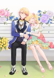 Rule 34 | 1boy, 1girl, 2 (tsvf3235), ascot, bench, blonde hair, blush, brother and sister, choker, closed mouth, coat, dress, flower, gradient hair, hair flower, hair ornament, head on another&#039;s shoulder, highres, holding hands, long hair, long sleeves, multicolored hair, on bench, open mouth, orange hair, pants, petals, pink hair, project sekai, sandals, short hair, siblings, sidelocks, sitting, skirt, smile, tenma saki, tenma tsukasa, twintails, vest, wrist cuffs, yellow eyes