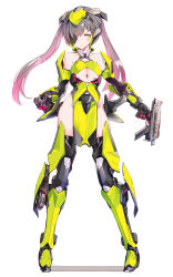 Rule 34 | 1girl, afukuro, black hair, breasts, clothing cutout, eyepatch, frame arms girl, gradient hair, green eyes, gun, holding, holding gun, holding knife, holding weapon, holstered, knife, looking at viewer, mecha musume, medium breasts, multicolored hair, no panties, one eye covered, original, personification, pink hair, science fiction, sheath, sheathed, solo, standing, twintails, underboob, underboob cutout, weapon, white background