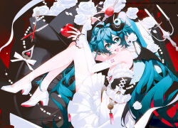 Rule 34 | 1girl, apple, arm up, bare shoulders, black wings, blue eyes, blue hair, candle, candlestand, commentary request, demon girl, demon tail, demon wings, detached sleeves, dress, eyeball hair ornament, fingernails, flower, food, fork, fruit, hair between eyes, hatsune miku, high heels, knees up, knife, legs, long fingernails, long hair, long legs, long sleeves, lying, official art, on side, prophet chu, red apple, red flower, red nails, red rose, rose, shoes, sleeves past wrists, solo, tail, twintails, very long hair, vocaloid, watermark, web address, white dress, white footwear, white sleeves, wings