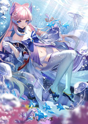 Rule 34 | 1girl, air bubble, augu (523764197), bare shoulders, blunt bangs, bow, bowtie, bubble, detached sleeves, dress, fish, frilled sleeves, frills, full body, genshin impact, hair bow, highres, jellyfish, long hair, looking at viewer, midriff, navel, open mouth, sangonomiya kokomi, sidelocks, smile, solo, submerged, thighhighs, thighs, water