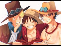 Rule 34 | 3boys, bead necklace, beads, black hair, black headwear, blonde hair, closed eyes, commentary, cowboy hat, english commentary, facial scar, freckles, goggles, goggles on headwear, hat, highres, jewelry, male focus, monkey d. luffy, multiple boys, necklace, one eye closed, one piece, open clothes, open mouth, portgas d. ace, red shirt, sabo (one piece), scar, scar across eye, scar on cheek, scar on face, shirt, short hair, skull, smile, straw hat, suzu (suzuran piece), top hat, topless male