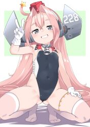 Rule 34 | 1girl, bell, black one-piece swimsuit, blush, commentary request, covered navel, drum (kancolle), garrison cap, gloves, grey eyes, grin, hair ornament, hat, headgear, jacket, kantai collection, long hair, looking at viewer, nassukun, neck bell, one-piece swimsuit, pink hair, shadow, simple background, smile, solo, spread legs, squatting, star (symbol), star hair ornament, swimsuit, thigh strap, thighhighs, two-tone background, v, very long hair, white gloves, white thighhighs