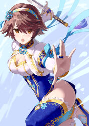 Rule 34 | 1girl, arm up, ass, blue thighhighs, breasts, brown eyes, brown hair, chai xianghua, china dress, chinese clothes, cleavage, commentary request, commission, detached sleeves, dress, fighting stance, flower, hair between eyes, hairband, highres, holding, holding sword, holding weapon, jian (weapon), long hair, looking at viewer, lotus, medium breasts, open mouth, outstretched arm, pixiv commission, revision, ribbon, shoes, simple background, smile, solo, soul calibur, soulcalibur, soulcalibur vi, sword, thighhighs, weapon, white background, yagi2013, zettai ryouiki