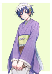 Rule 34 | 1girl, absurdres, alternate costume, apron, blue hair, blush, border, clenched teeth, feet out of frame, green background, grid print, half-closed eyes, highres, holding, holding tray, japanese clothes, kimono, looking at viewer, maid, maid headdress, mole, mole under eye, multicolored hair, mutsu (this communication), nishi no chigo, obi, obijime, outside border, parted lips, print kimono, purple kimono, sash, short hair, simple background, solo, standing, sweat, teeth, this communication, tray, two-tone hair, v arms, wa maid, waist apron, white apron, white border, white hair