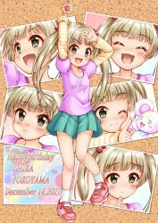 Rule 34 | 1girl, :d, :t, ;), ^ ^, arms up, blush, brown eyes, brown hair, character name, closed eyes, closed mouth, commentary request, dated, closed eyes, full body, green skirt, hair bobbles, hair ornament, happy birthday, highres, holding, idolmaster, idolmaster cinderella girls, layered sleeves, long hair, long sleeves, one eye closed, open mouth, photo (object), pink shirt, pleated skirt, pout, puffy short sleeves, puffy sleeves, regular mow, shirt, short over long sleeves, short sleeves, skirt, smile, solo, standing, standing on one leg, stuffed animal, stuffed toy, twintails, very long hair, wavy mouth, yokoyama chika