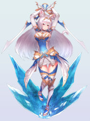1girl, absurdres, animal ear fluff, bangs, breasts, cat girl, cat tail, cleavage, cleavage cutout, closed mouth, clothing cutout, dual wielding, eyelashes, eyes closed, full body, gold hairband, greaves, hair between eyes, hairband, highres, holding, holding sword, holding weapon, king&#039;s raid, kirze, large breasts, light blush, long hair, looking at viewer, microskirt, red eyes, sabaton, silver hair, skin tight, skirt, smile, solo, straight hair, swept bangs, sword, tail, thighhighs, vambraces, weapon, yu mochi (kamiinu)