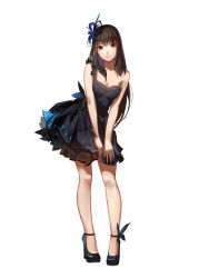 Rule 34 | 1girl, absurdres, black dress, black hair, breasts, brown eyes, cleavage, closed mouth, dress, frilled dress, frills, full body, hair ornament, highres, long hair, looking at viewer, medium breasts, no socks, original, simple background, single strap, smile, solo, standing, white background, x-red flower