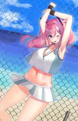 Rule 34 | 1girl, arms up, azur lane, beach, blue sky, blush, breasts, bremerton (azur lane), bremerton (scorching-hot training) (azur lane), chain-link fence, day, fence, hair ornament, hairclip, highres, large breasts, long hair, looking at viewer, mell01218, multicolored hair, ocean, one eye closed, pink eyes, pink hair, skirt, sky, sportswear, streaked hair, sweat, tennis uniform, twintails